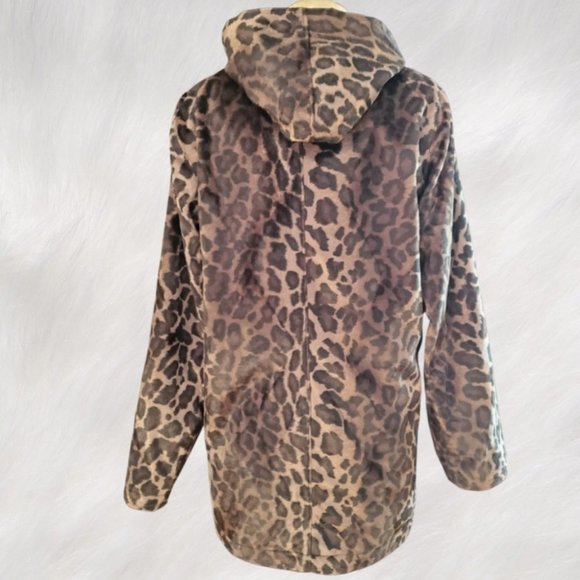 REVERSIBLE Black and Faux Fur Leopard Print Mid-Length Hooded Coat Jacket Size S - Picture 7 of 12